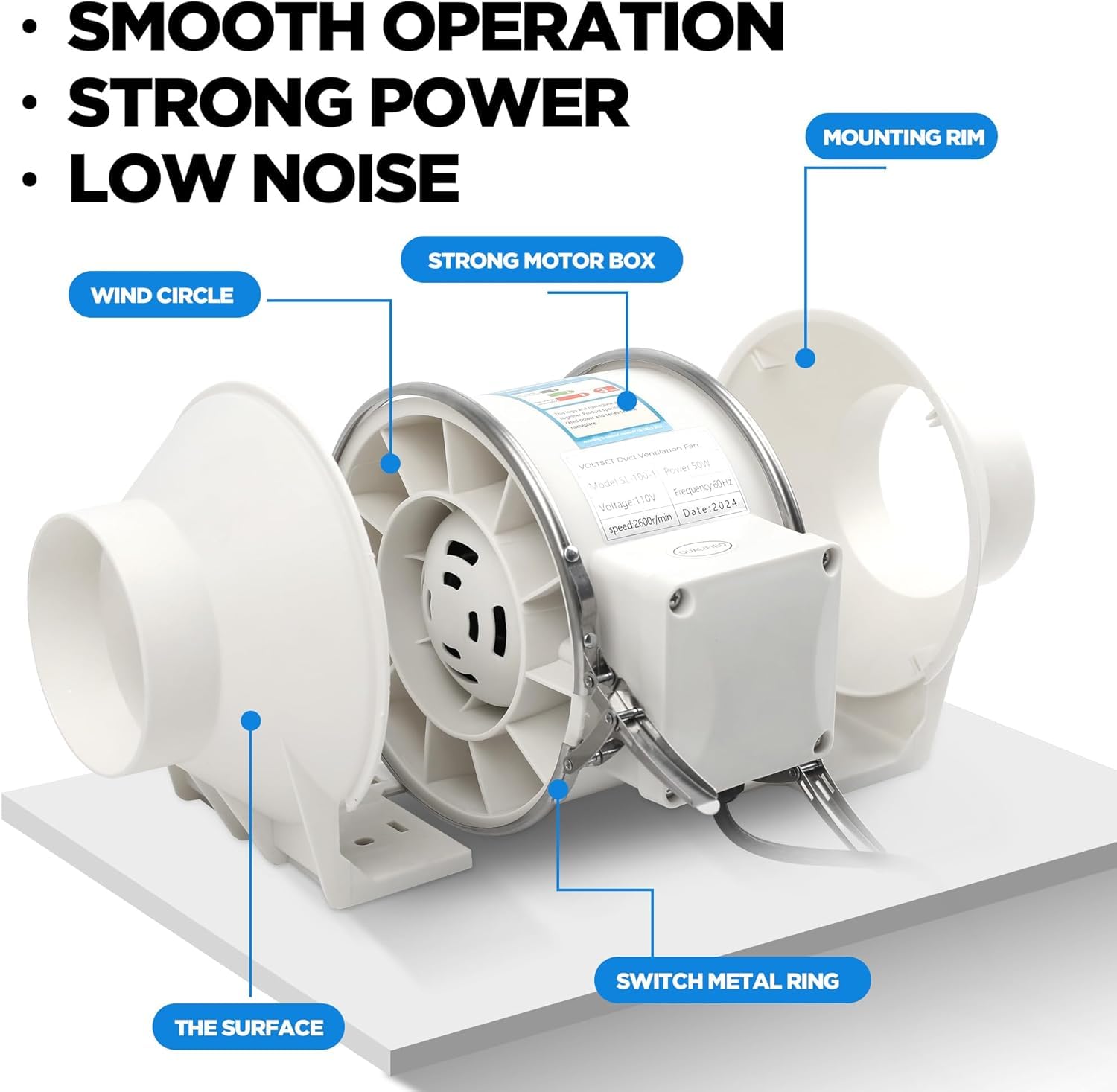 Voltset 4 Inch Duct Fan, Inline Ventilation Exhaust Fan, 280 Cfm Duct Intake Fan High Efficiency Air Fan For Duct Vent Bathroom,